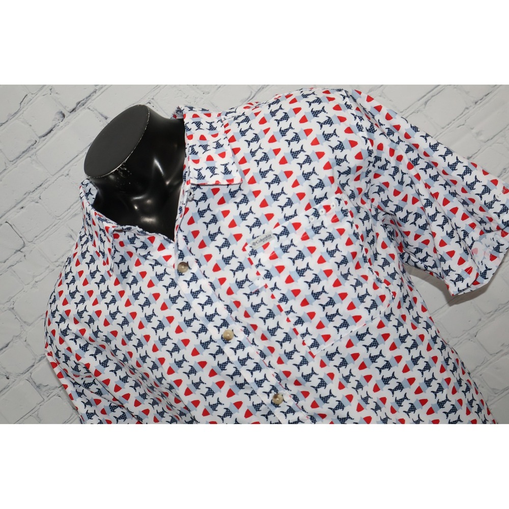 Columbia PFG Shirt Mens 3XL White Red Blue Fish Flag Performance Fishing Gear